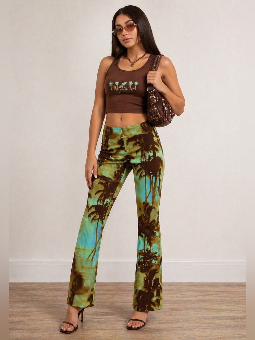 Arden B. VTG Y2K palm tree tropical print low rise flare pants in green blue - 2
